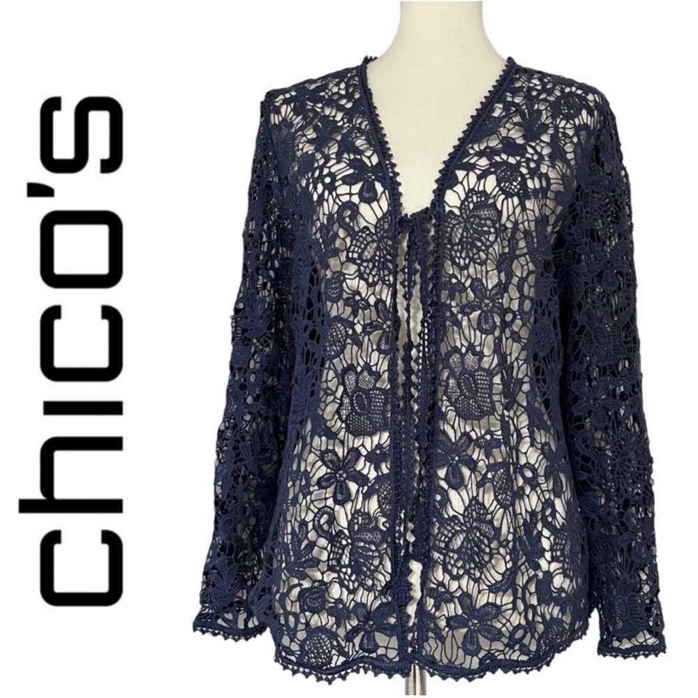 Chico's Crocheted Lace Jacket In Navy Blue Size 2/Large NWT